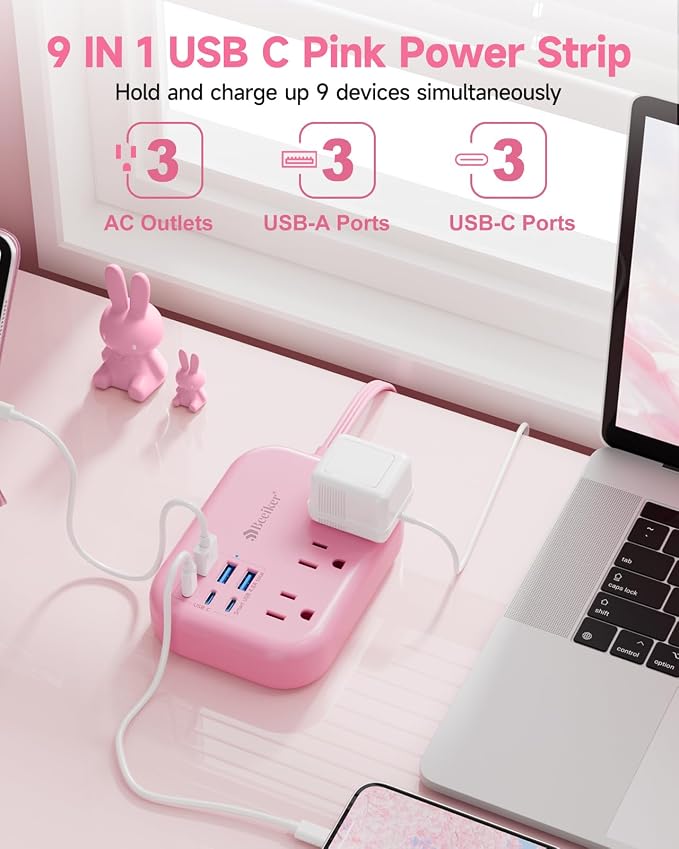 6 USB Pink Power Strip- 5Ft Pink Extension Cord