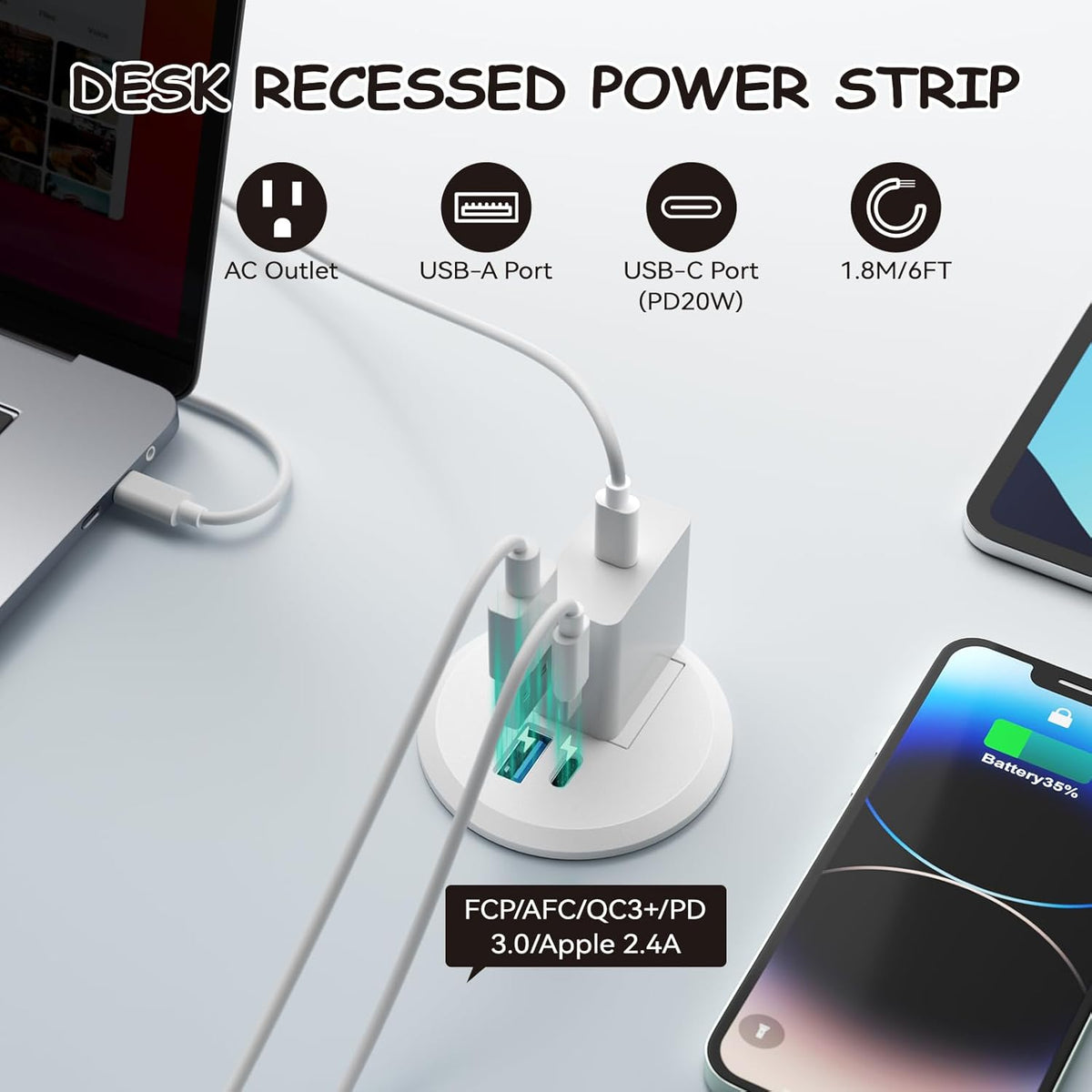 XBA 2inch Desktop Power Grommet, Recessed Power Strip with PD 20W USB C, AC Outlet and 18W USB A Charging Port, Hidden Desk Power Outlets with 6FT Extension Cords for Office, Home, Conference(White)