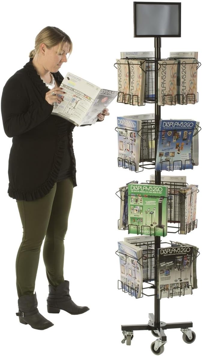 Floor Standing Portable Literature Rack, 16 Pockets for Magazines, Spinning, Tiered (Steel Wire)