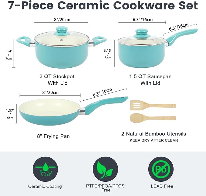 Pots and Pans Set, 7 Piece Nonstick Ceramic Cookware Set, Kitchen Induction