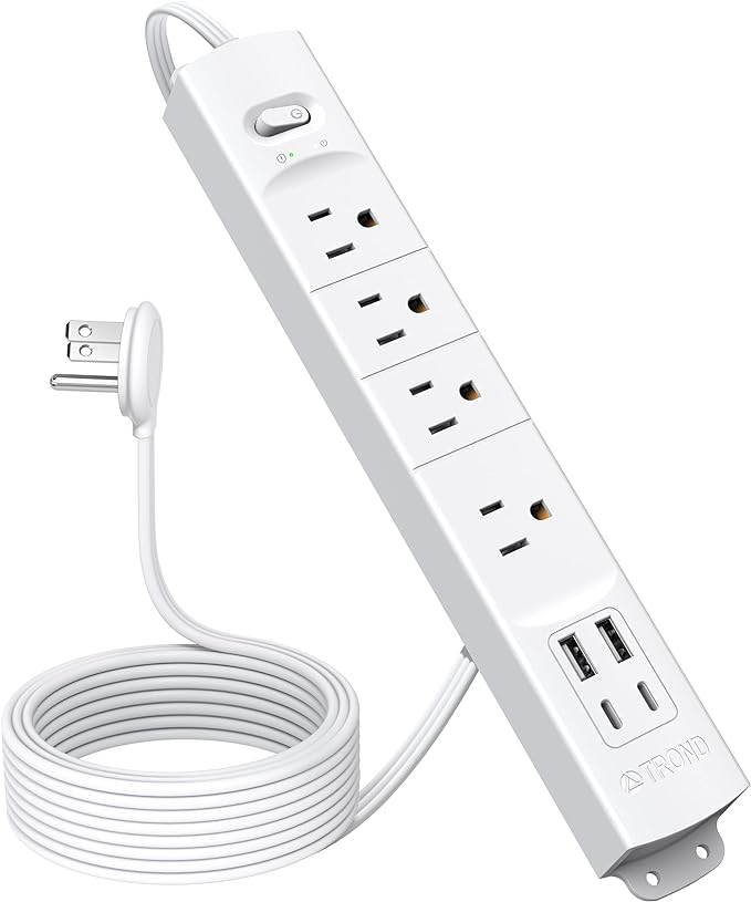 TROND Flat Plug Power Strip USB-10ft Flat Extension Cord Surge Protector Wall