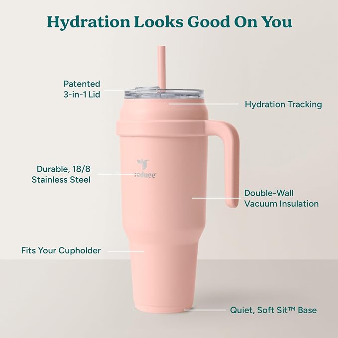 REDUCE 50 oz Stainless Steel Tumbler with Handle - Dual-Wall Vacuum Insulated Travel Mug, Sweat-Proof Lid & Reusable Straw - Keeps Drinks Cold for 24 Hrs, Fits Cupholders, Dishwasher Safe - Pink Clay