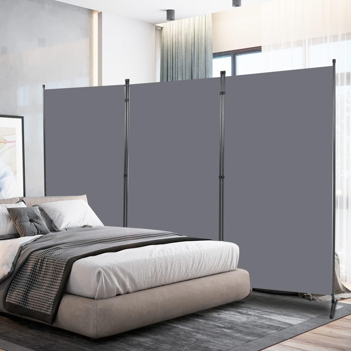 Room Divider 6FT Folding Privacy Screens, Partition Room Dividers w/Freestanding Design, Portable Wall Divider for Room Separtation, Fabric Screen Panel for Home Office Dorm (Grey, 3 Panel)