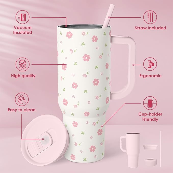 Floral 40oz Tumbler with Handle and Straw – Flowers Insulated Stainless Steel Travel Coffee Mug for Women Girls - Gift Idea for Birthday Christmas Mothers Day