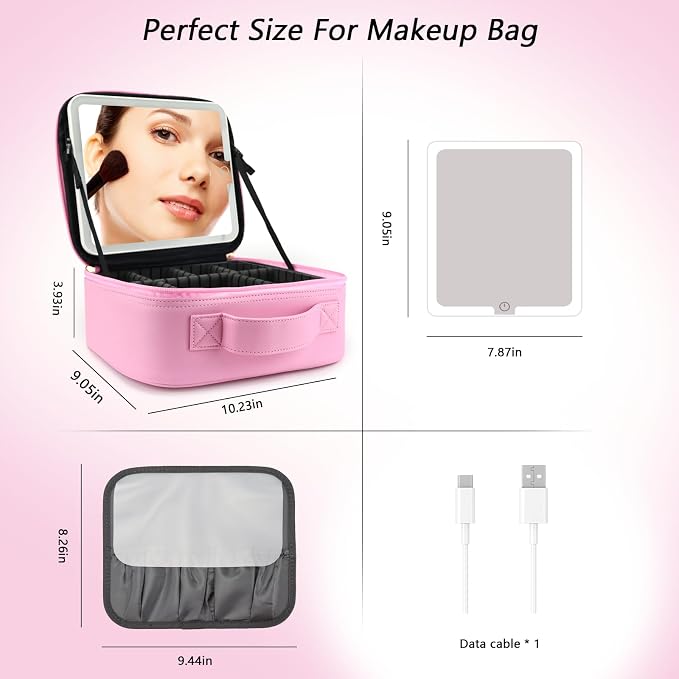 Travel Makeup Bag with LED Mirror Travel Makeup Organizer with 3 Lighted