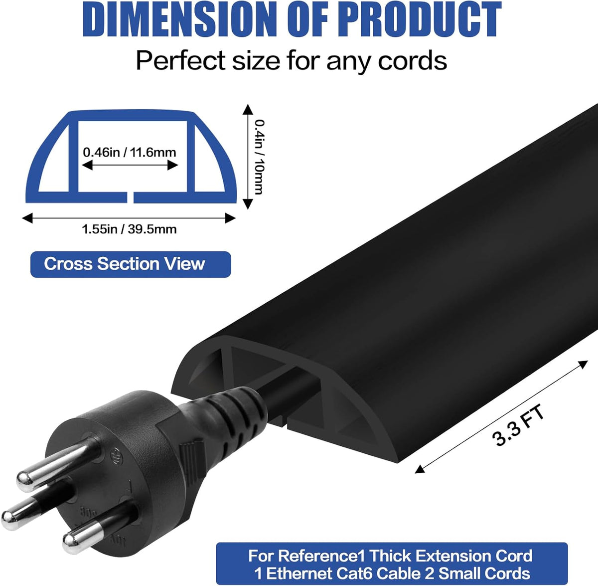 Floor Cord Cover Self Adhesive Cord Hider,3.3FT Cable Management, Extension Strip Protector for Wires, Prevent Cable Trips for Offices, Gyms, Exhibitions Cavity:0.51"(W) x 0.3"(H) Black