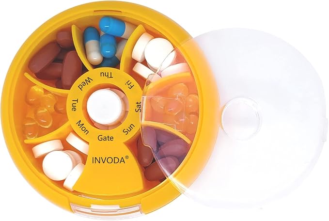 INVODA Weekly Pill Organizer 7 Compartment Rotating Pill Box