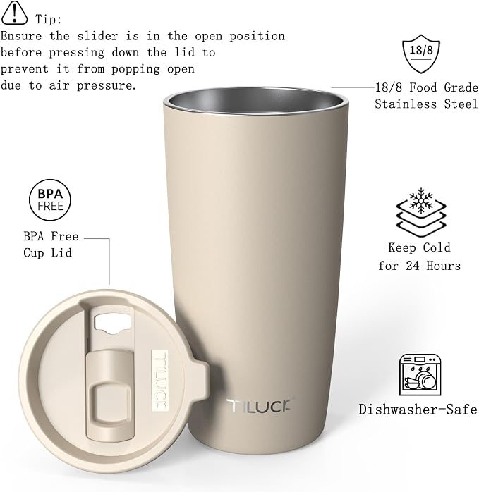 TILUCK 20 oz Insulated Tumbler with BPA-Free Lid, Stainless Steel Vacuum Travel Coffee Mug, Double Wall Coffee Tumbler（20oz，Matte MistyGray）