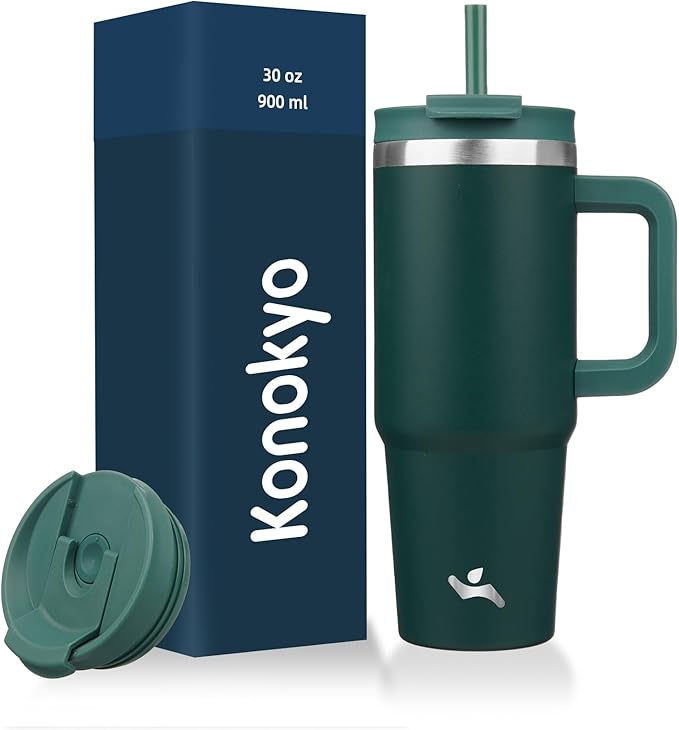 30 oz Tumbler with Handle and 2 Straws, 2 in 1 Lid Insulated Water Bottle