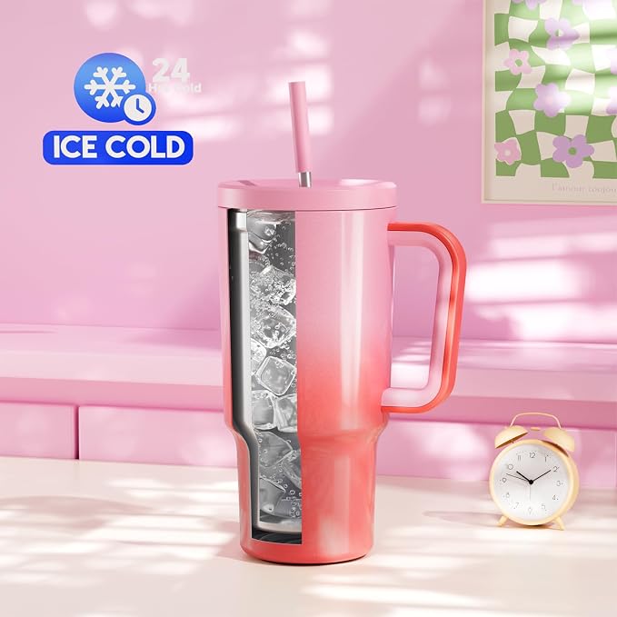Meoky 30 oz Tumbler with Handle, Tumbler with Lid and Straw, Insulated Stainless Steel Travel Mug, 100% Leak-proof, Cupholder Friendly, Keeps Cold for 24 Hours or Hot for 8 Hours (Flamingo)