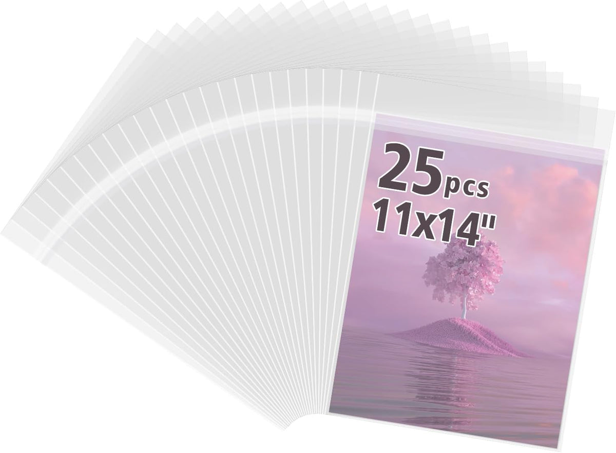 Frametory, 25 Pack 11 1/4" x 14 1/8" Acid-Free Clear Plastic Bags, Self Seal Crystal Photo Sleeves for 11X14 Prints, Photos, Documents