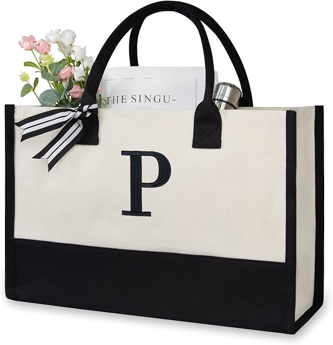 TOPDesign Embroidery Initial Canvas Tote Bag, Personalized Present Bag