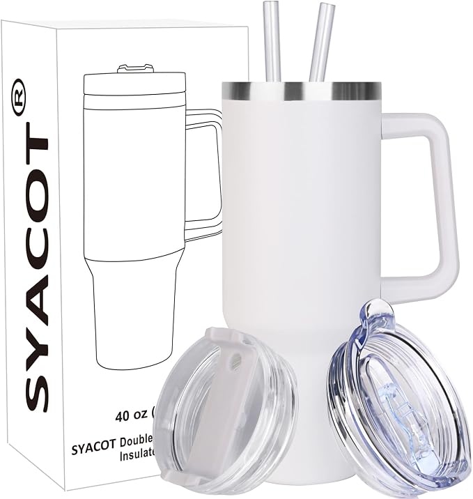 SYACOT 40 oz Tumbler with Handle and Straw Stainless Steel Insulated Tumbler Leak Proof Lid and Straw Lid Reusable Travel Mug Coffee Mug Cup Dishwasher Safe Keep Drinks Cold and Hot (Winter White)