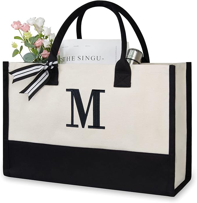 TOPDesign Embroidery Initial Canvas Tote Bag, Personalized Present Bag