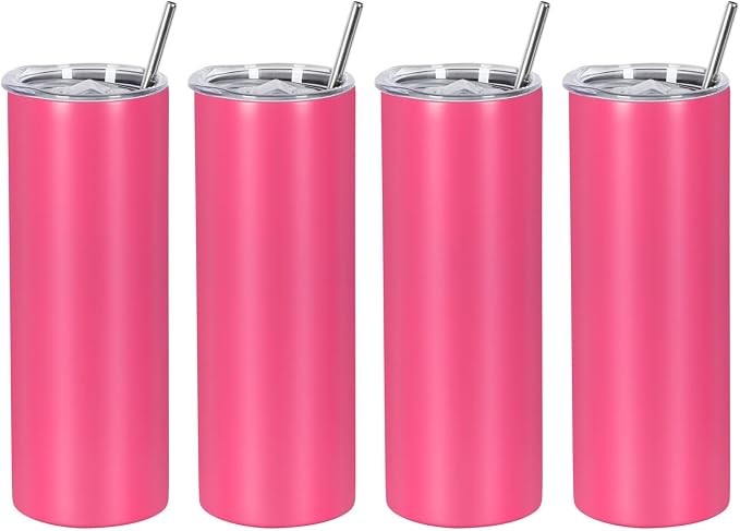 4 Pack 20 Oz Straight Skinny Tumblers,Individually Gift Boxed Stainless Steel Slim Skinny Tumbler Set Bulk, 20 Oz Insulated Slim Thin Travel Tumbler Cup for Diy,Hot Pink