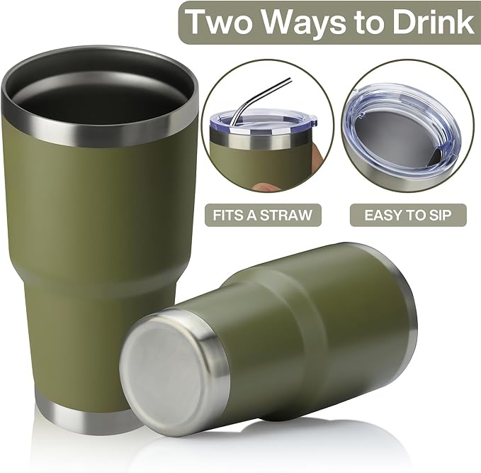 MEWAY 30oz Insulated Tumbler With Lids and Straws,Stainless Steel Double Vacuum Coffee Tumbler Cup, Brush, Durable Powder Coated Coffee Cup for Cold & Hot Drinks, Office, Travel(Army Green,8 PACK)