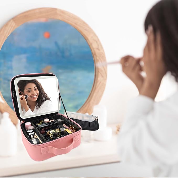 Travel Makeup Bag with LED Mirror Travel Makeup Organizer with 3 Lighted