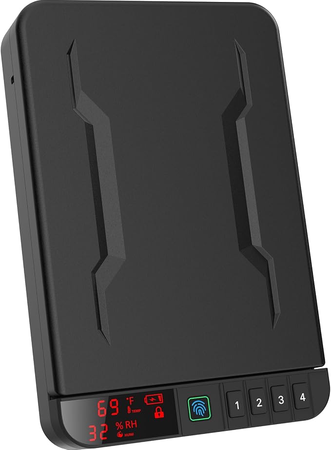 Portable Gun Pistol Safe with LCD Display of Temp, Biometric Fingerprint