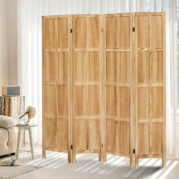 4 Panel Room Divider, 5.6Ft Wood Room Dividers and Folding Privacy Screens, Room Divider Wall Freestanding, Room Dividers Screen for Home Office Restaurant Bedroom, Light Brown