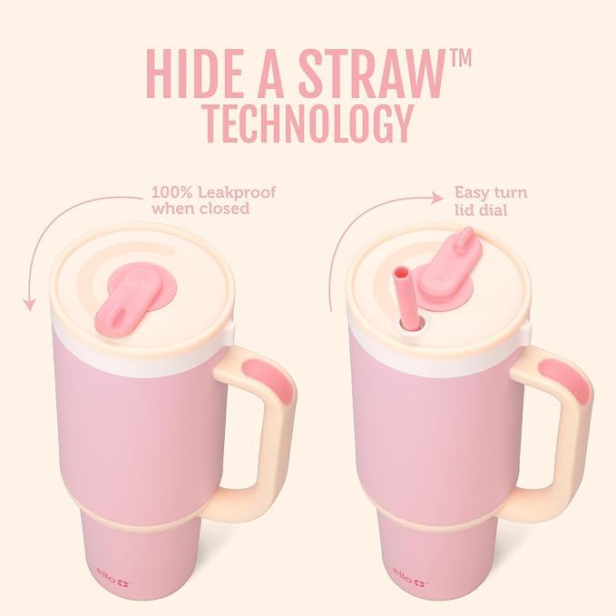Ello Oasis 30 oz Tumbler with Handle & Retracting Straw | Reusable Insulated Stainless Steel Cup 100% Leakproof, Gifts for Teens Women Men | Keeps cold for 24 Hours, Cup Holder Friendly, Pink Gingham
