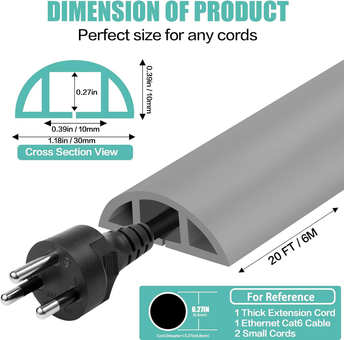 Floor Cord Cover Self Adhesive Cord Hider,20FT Cable Management, Extension Strip Protector for Wires, Prevent Cable Trips for Offices, Gyms, Exhibitions Cavity:0.39"(W) x 0.27"(H) Gray