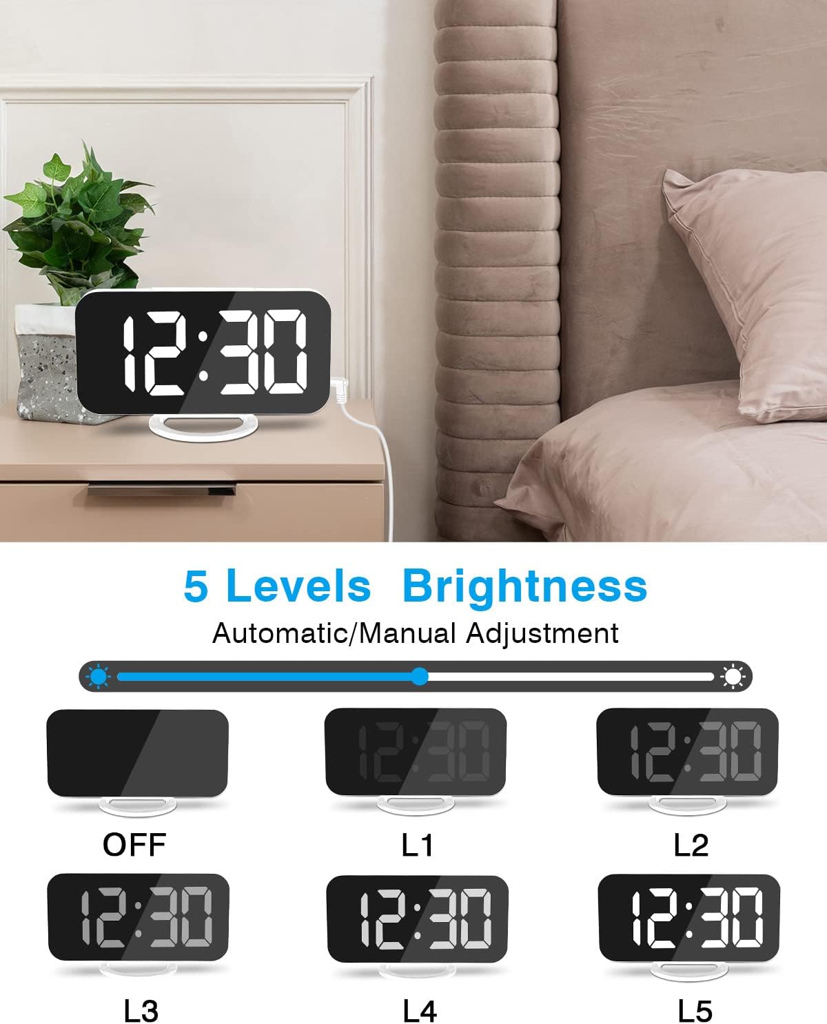 SZELAM Digital Alarm Clock,LED RGB Colorful Clocks,with Mirror Surface Large Display,2 USB Charger Ports,Auto Dimming,Modern Desk Clock for Bedroom Home Office Decor- White