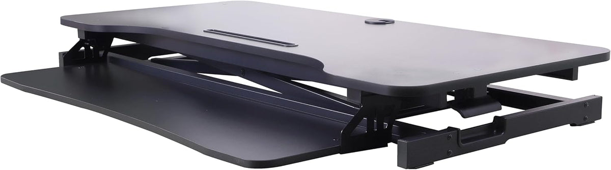 Rocelco 43" Height Adjustable Standing Desk Converter with Premium Dual Monitor Arm Mount - Tall Stand Up Tabletop Riser and Tablet Slot - Computer Workstation - Keyboard Tray - Black (R VADRB-43-MA2)