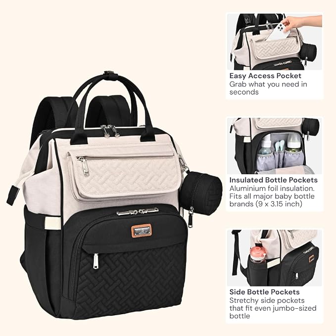 BabbleRoo Diaper Bag Backpack, Stroller Straps & Pacifier Case, Unisex Stylish