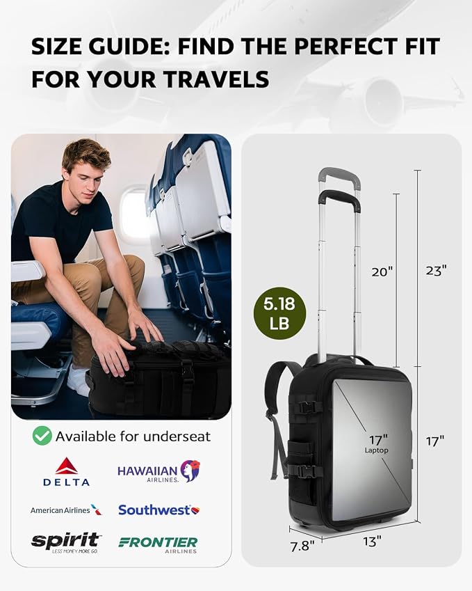 Rolling Tactical Laptop Backpack, Underseat Travel Backpack