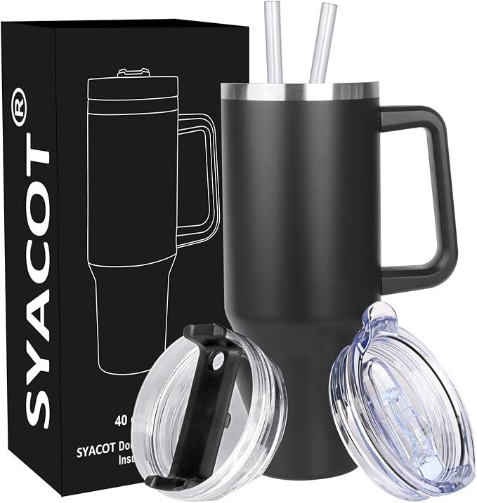 SYACOT 40 oz Tumbler with Handle and Straw Stainless Steel Insulated Tumbler Leak Proof Lid and Straw Lid Reusable Travel Mug Coffee Mug Cup Dishwasher Safe Keep Drinks Cold and Hot (Magic Black)