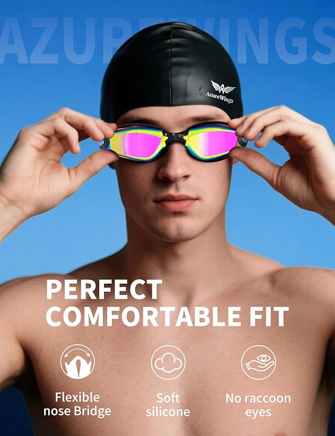 7 in 1 Swim Goggles + Swim Cap for Men Women,No Leak Anti-Fog & UV, Wide Visio HD Mirror PC Lens