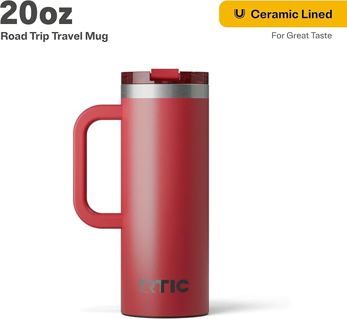 RTIC 20oz Road Trip Travel Mug with Lid and Handle, Ceramic Lined, Insulated, Stainless Steel, Metal, Double Wall Vacuum-Insulation, Portable Coffee, Tea Cup for Hot and Cold Drink, Flag Red