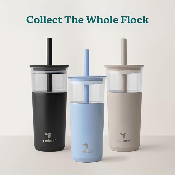 REDUCE Aspen 20 oz Vacuum Insulated Glass Tumbler with Lid & Extra Wide Straw - Keeps Drinks Cold for 12 Hrs - Ideal for Iced Coffee, Smoothies & Boba - Dishwasher Safe, Soft Base - Glacier