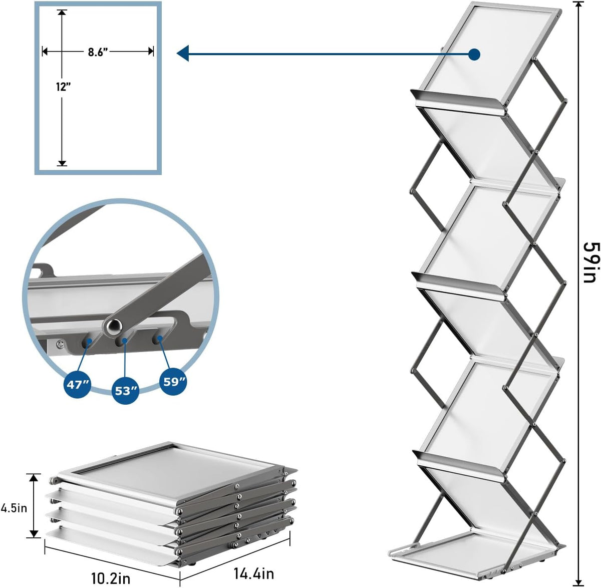 6 Pockets Foldable Aluminum Magazine Rack - Brochure Display Stand, Brochure Catalog Literature Display Stand with Carrying Bag for Exhibition, Trade Show, Office, Retail Store