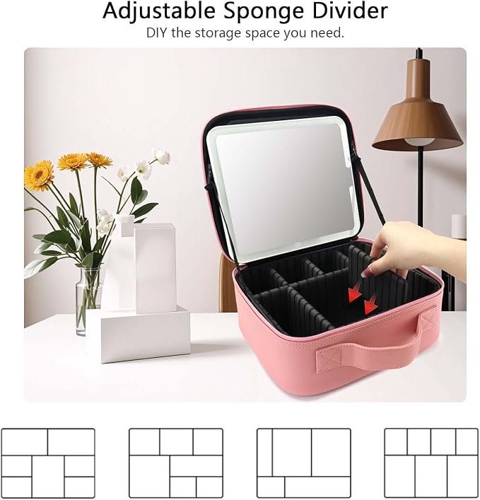 Travel Makeup Bag with LED Mirror Travel Makeup Organizer with 3 Lighted