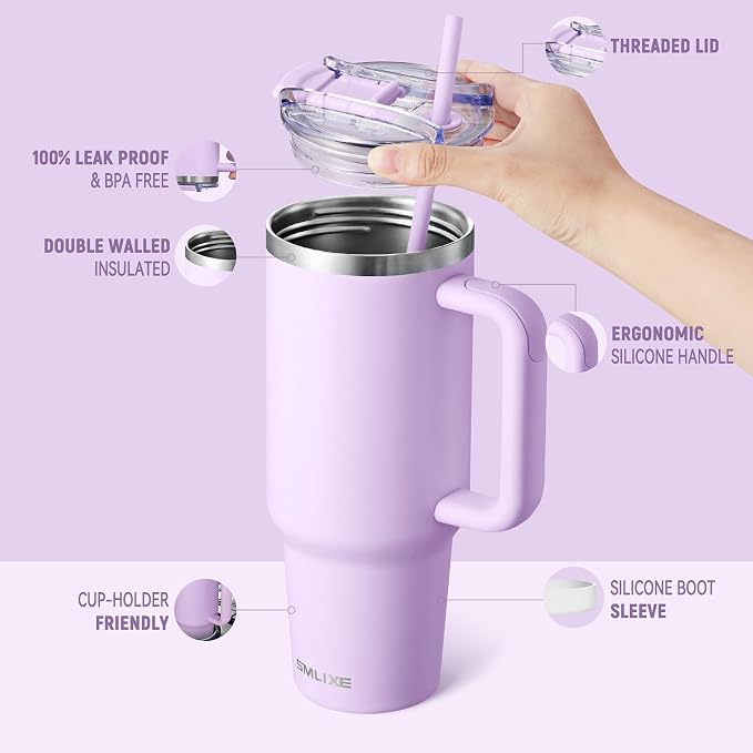40 oz Tumbler with Handle and Straw Lid,Insulated Reusable Stainless Steel Water Bottle Travel Mug，Cupholder Friendly Double Wall Vacuum Sealed Cup (Lavender Purple)