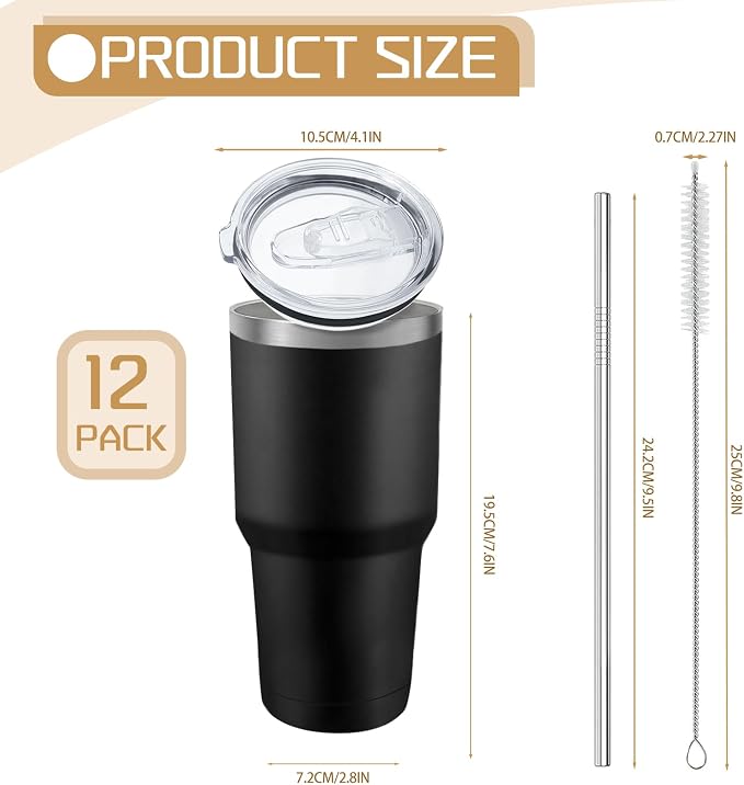 YOUKE OLA 12 Pack Insulated Tumbler Powder Coated Stainless Steel Double Wall Vacuum Travel Coffee Tumbler Cup with Lid and Straw for Laser Engrave DIY Gift 30oz Black