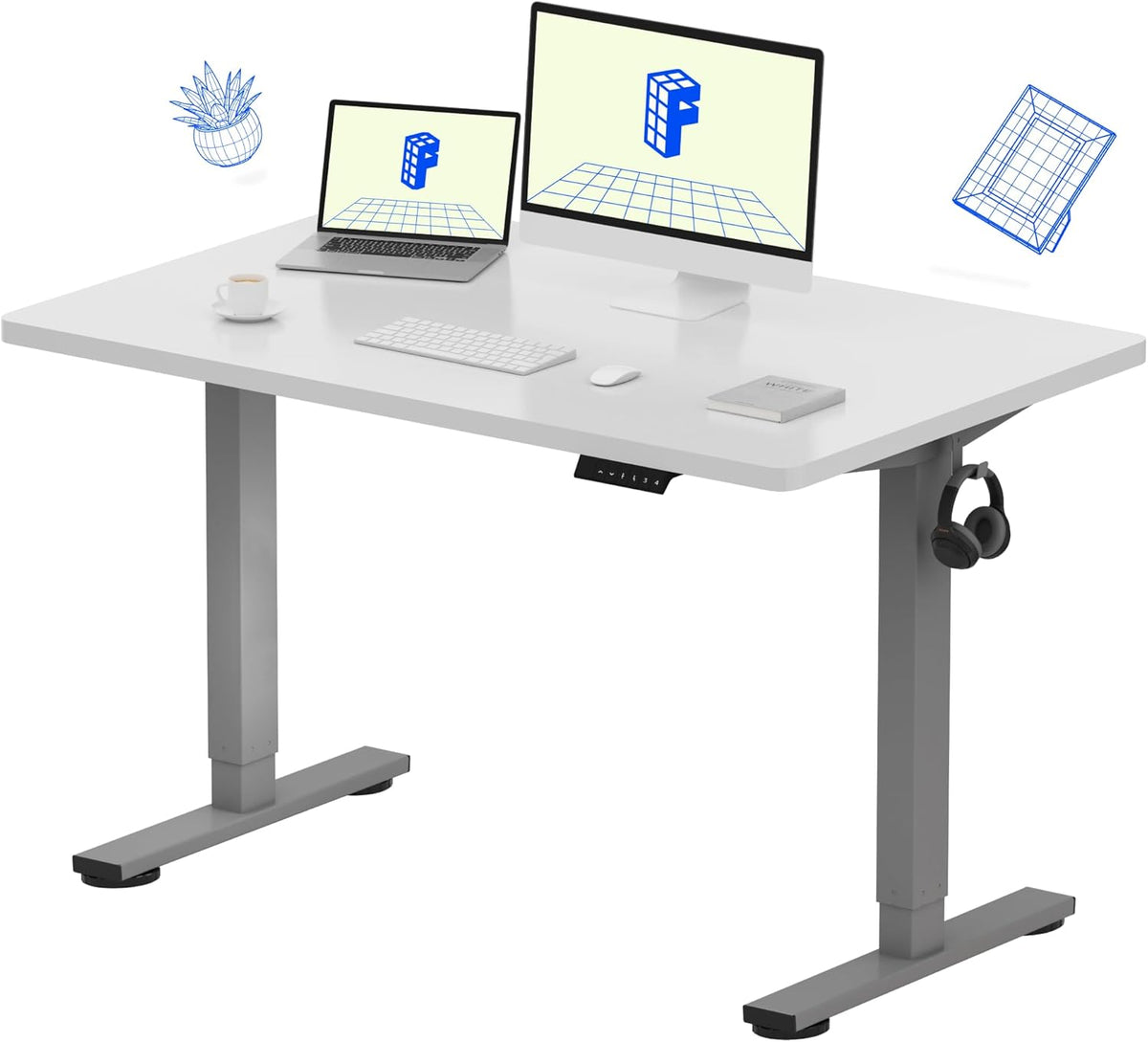 FLEXISPOT EN1 Whole-Piece Standing Desk 48 x 30 Inches Electric Height Adjustable Desks for Home Office Stand Up Desk (Silver Frame + 48 in White Top, 2 Packages)