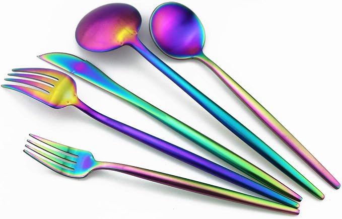 Matte Rainbow Silverware, Gugrida 5-Piece 18/10 Stainless Steel Flatware Set
