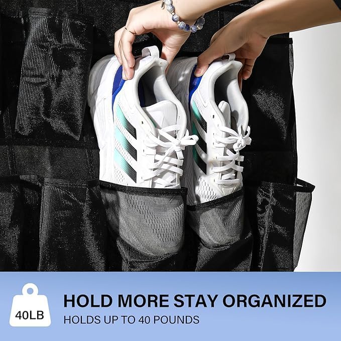 Over the Door Shoe Organizer, 24 Large Breathable Mesh Pockets, Hanging Storage