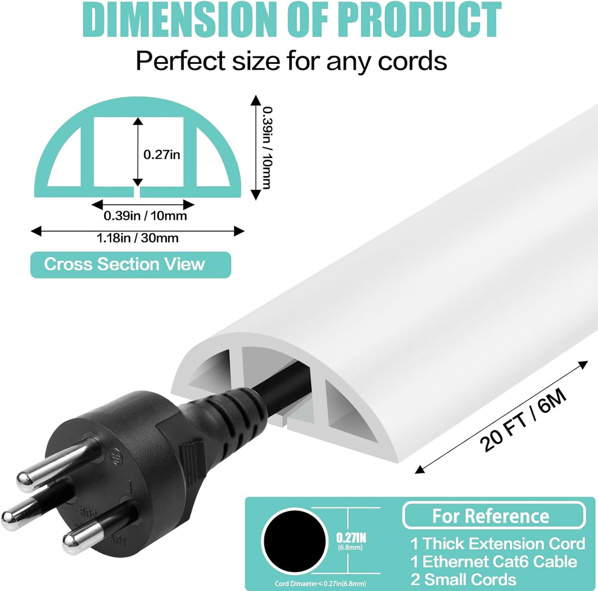 Floor Cord Cover Self Adhesive Cord Hider,20FT Cable Management, Extension Strip Protector for Wires, Prevent Cable Trips for Offices, Gyms, Exhibitions Cavity:0.39"(W) x 0.27"(H) White