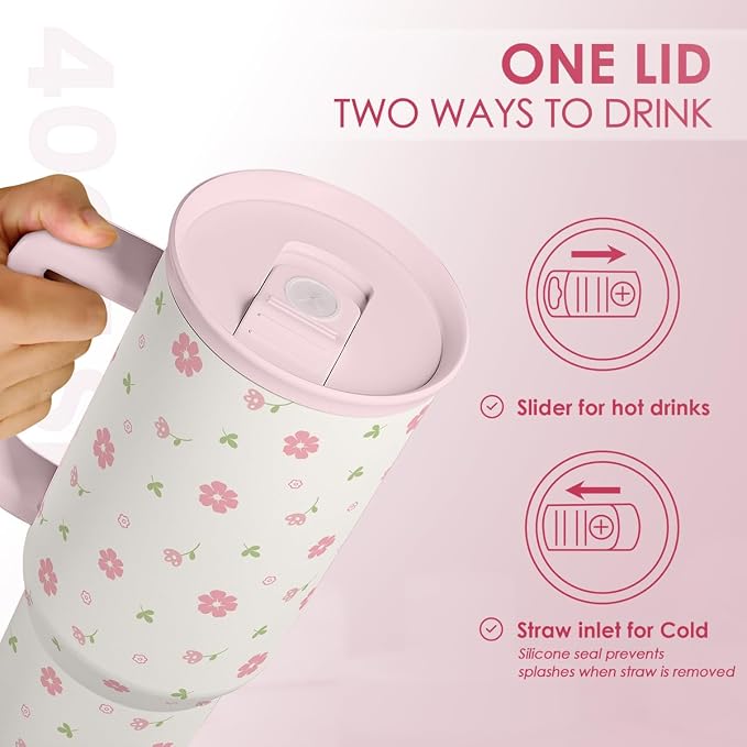Floral 40oz Tumbler with Handle and Straw – Flowers Insulated Stainless Steel Travel Coffee Mug for Women Girls - Gift Idea for Birthday Christmas Mothers Day