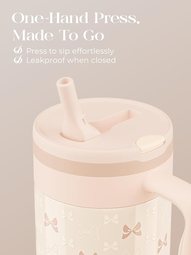 40 oz Insulated Tumbler with Handle and Push-Button Straw Lid, Stainless Steel Travel Cup for Gym Office, Leakproof, BPA-Free, Cup Holder Friendly, Bow Silicone Boot, Cream (Bow Cream)