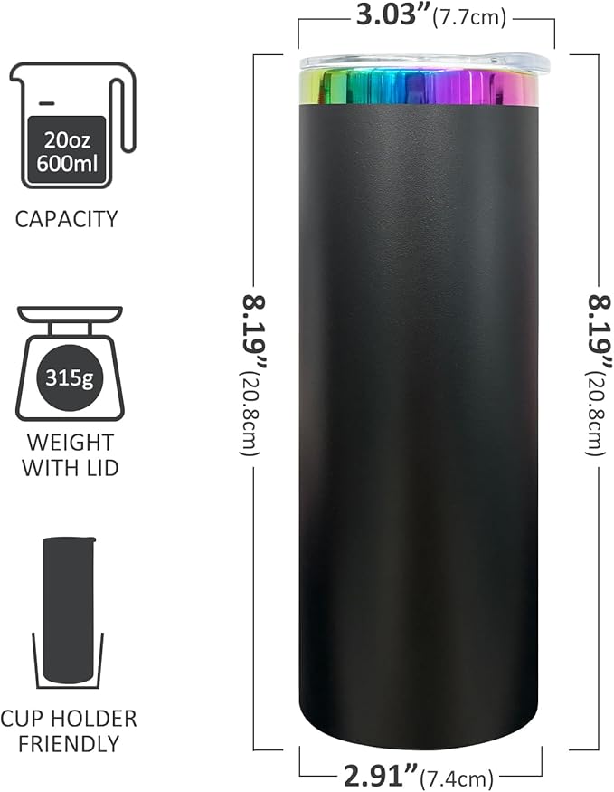 20 oz Skinny Tumblers Stainless Steel Tumbler with Lid and Straw Double Wall Vacuum Insulated Coffee Mug 20oz Powder Coated Cup for Hot and Cold Drinks(Black,4 pack)