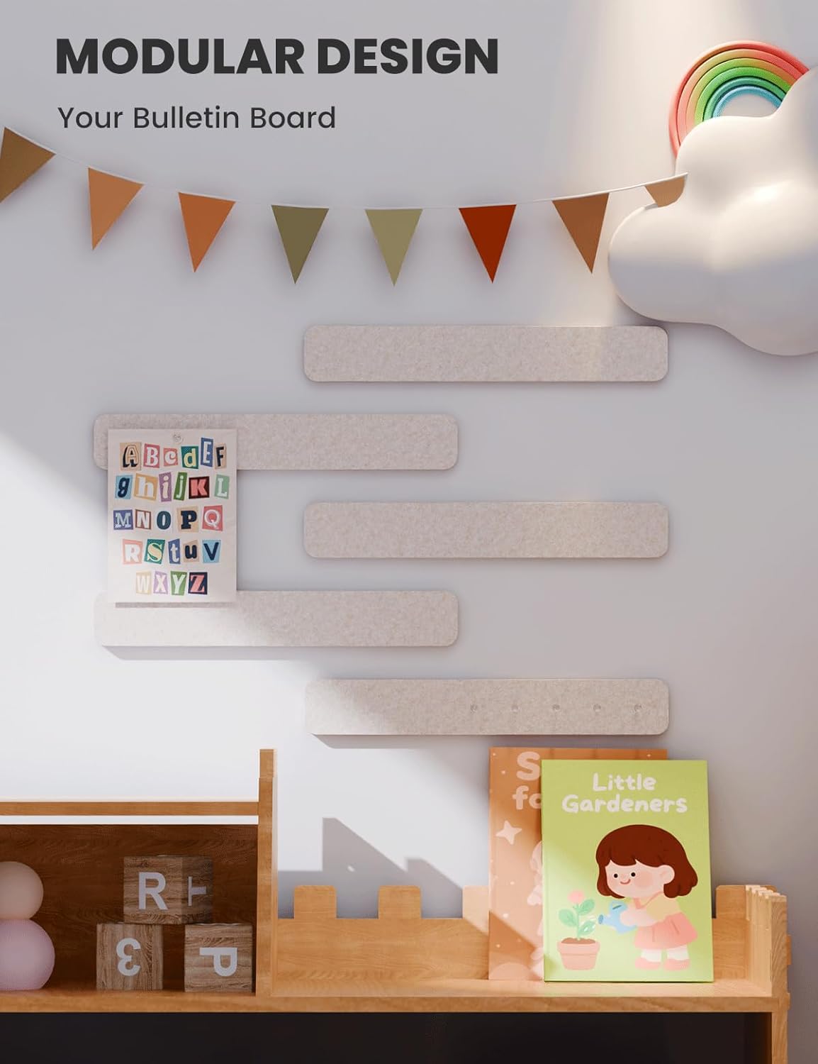 Cork Board Alternative Felt Strip Board 5-Pack 13"x2", Office Pin Board with 35 Push Pins, Adhesive Install for Bedroom Door & Home Office(Oatmeal)