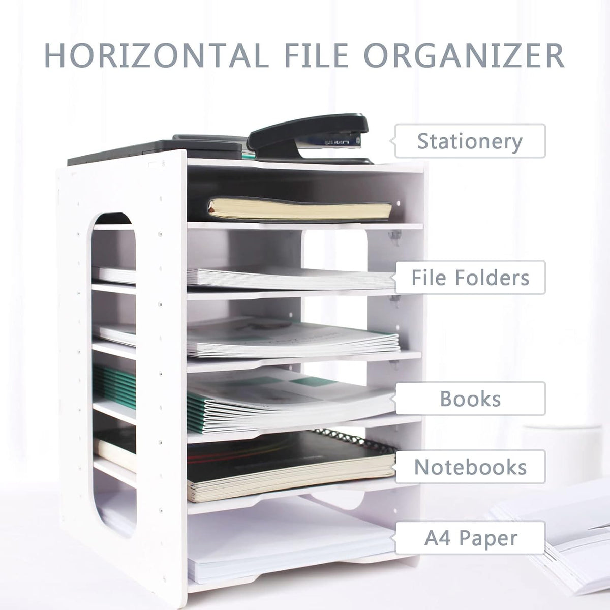 SONGWAY File Organizer for Desk - 7 Tier Document Holder with Removable Shelves, Letter Mail Rack, File Sorter Organizer, A4 Paper Storage Holder, Desktop Organizer for Home Office School, White