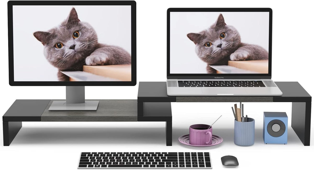 WESTREE Dual Monitor Stand Riser - 2 Shelf Computer Stand with Adjustable Length and Angle, Desktop Organizer for 2 Monitors