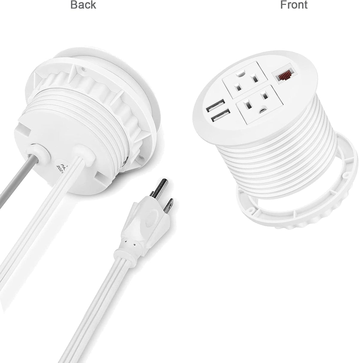 Power Grommet 3 Inch for Desktop, Recessed Desk Outlet with 2USB, 2 AC, 1 Network RJ45 Port & 10Ft Cord, Flush Mount Power Strip Table Power Hub for Countertop, Office, Furniture(White)