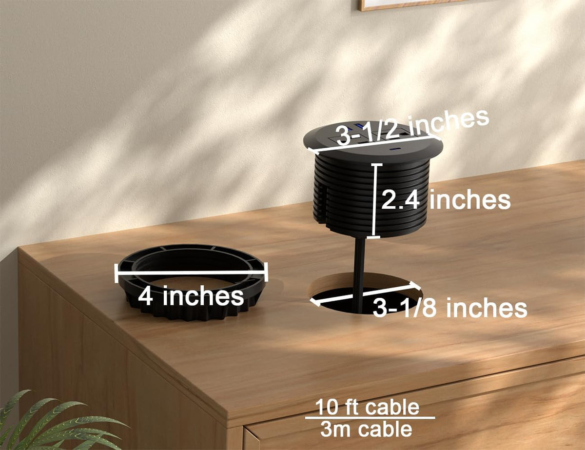 2PCS 3 Inch Desktop Power Grommet,10ft Cord,20W USB C Fast Charging Station,3-USB Port,Flush Mount.Round Recessed Power Strip Desk Hole Grommet Outlet for Workspace,Sofa,Black
