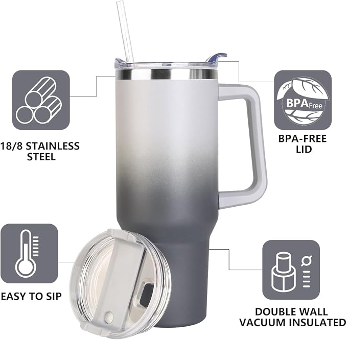 SYACOT 40 oz Tumbler with Handle and Straw Stainless Steel Insulated Tumbler Leak Proof Lid and Straw Lid Reusable Travel Mug Coffee Mug Cup Dishwasher Safe Keep Drinks Cold and Hot (Grey&Black)